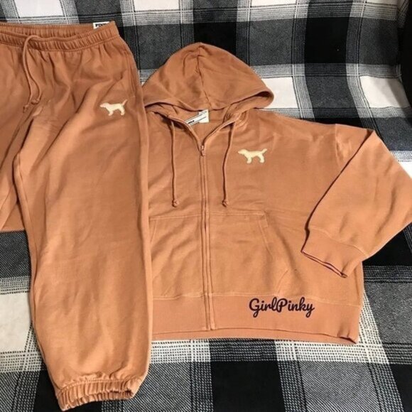 vs PINK sweatpants OUTFIT IN TOFFEE W/FULL ZIP HOODIE & EMBROIDERED DOG LARGE - Picture 3 of 10